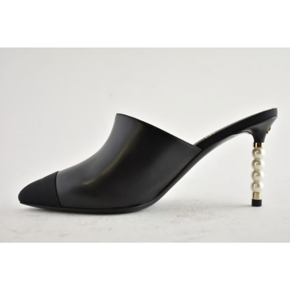 Chanel 20S Paris Rome Pearl Black Leather CC Mule Slide Backless Heel Pump 36.5 - Picture 5 of 8